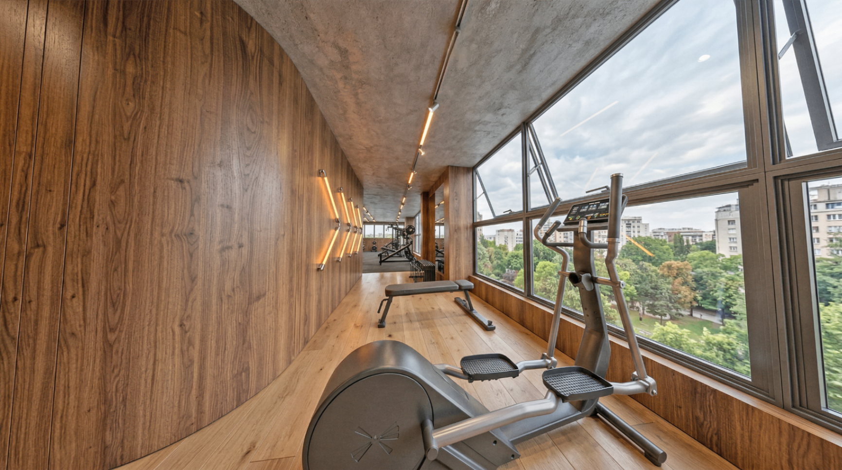 Área cardio com vista panorâmica para parque arborizado