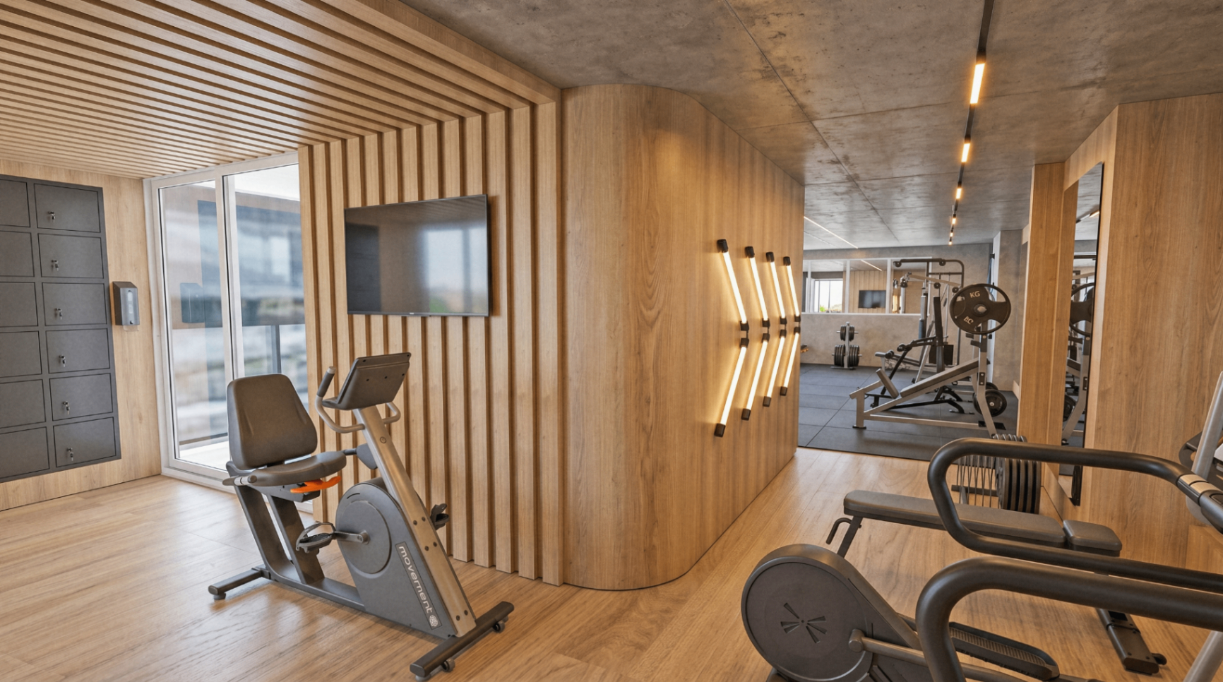 Academia com parede curva de madeira e área cardio